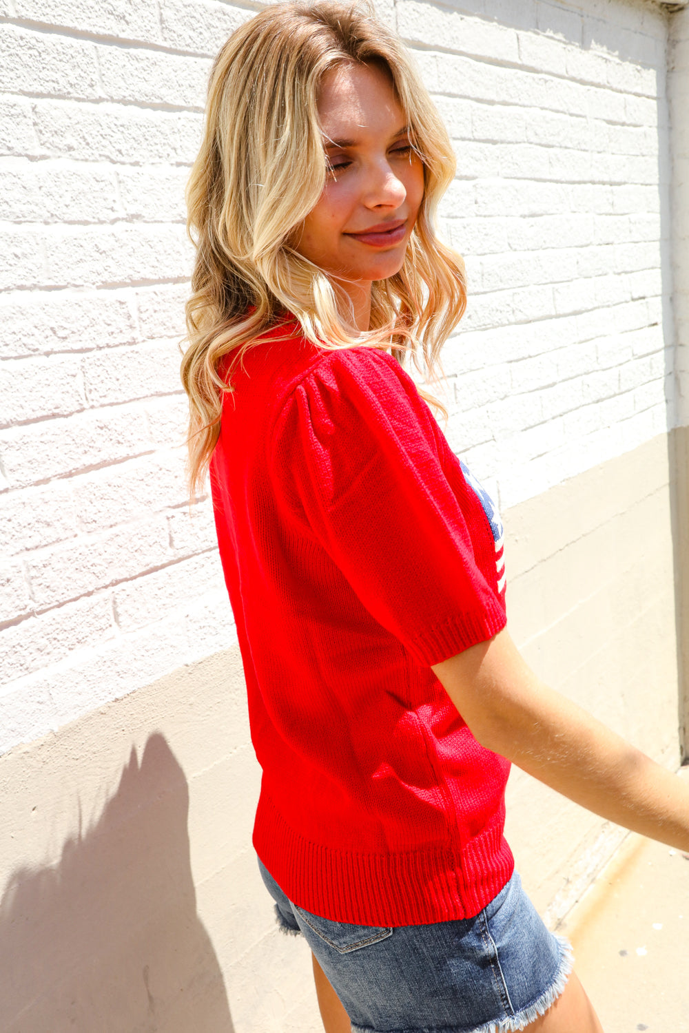 American Flag Short Sleeve Sweater-Sweaters-Evelyns Fashion