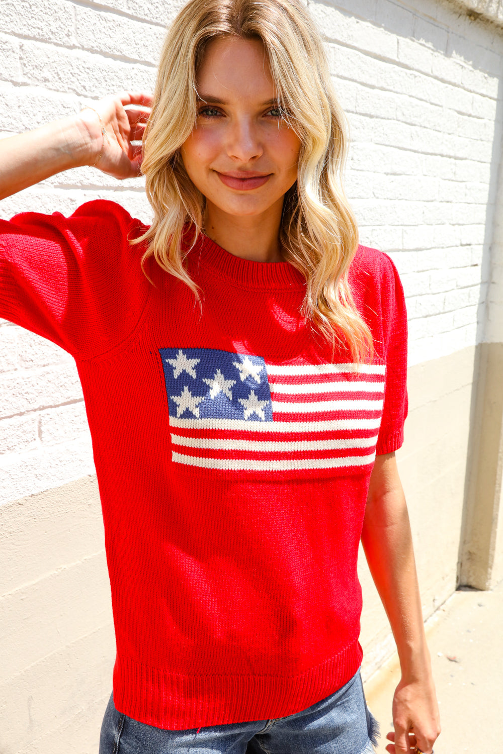 American Flag Short Sleeve Sweater-Sweaters-Evelyns Fashion