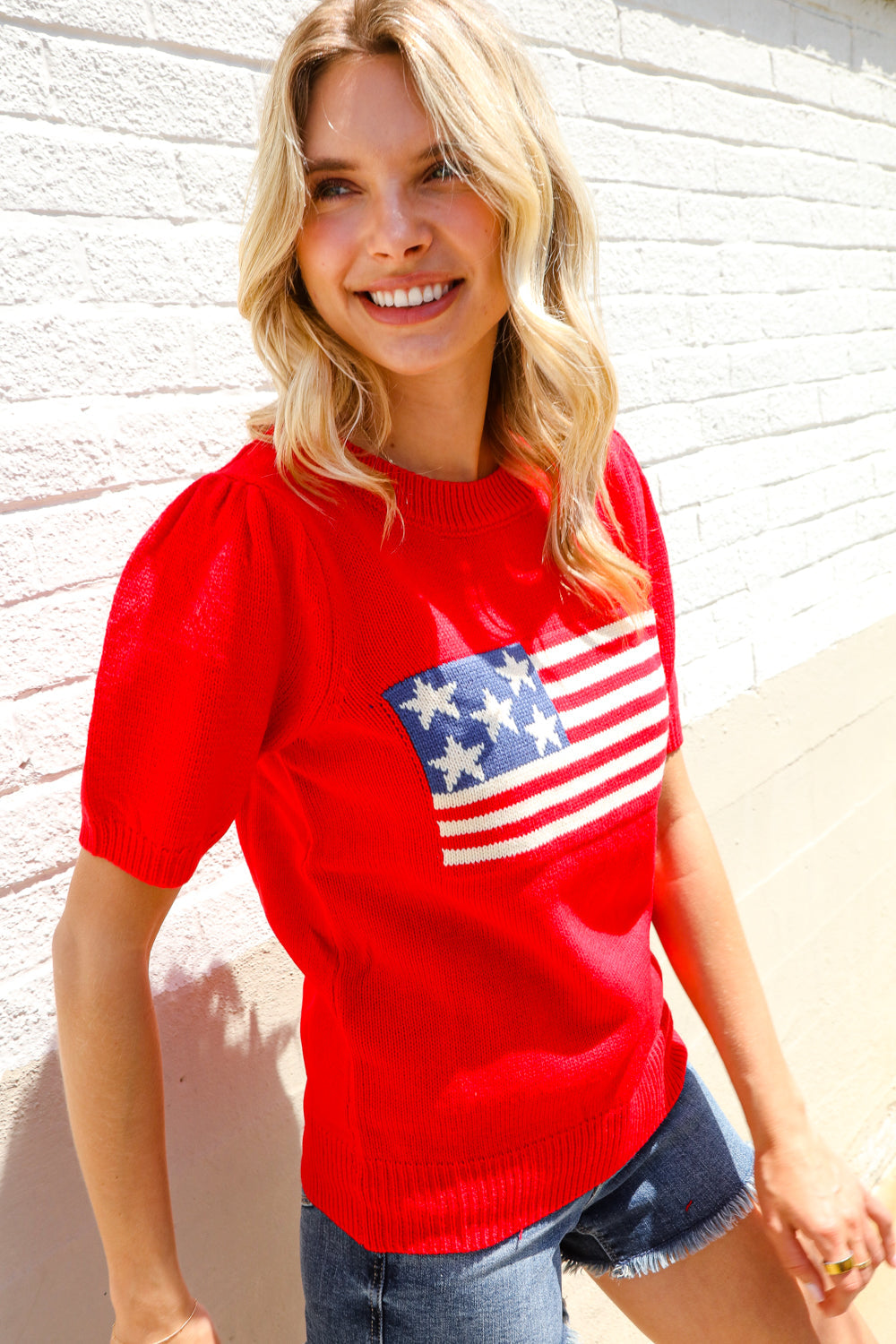 American Flag Short Sleeve Sweater-Sweaters-Evelyns Fashion