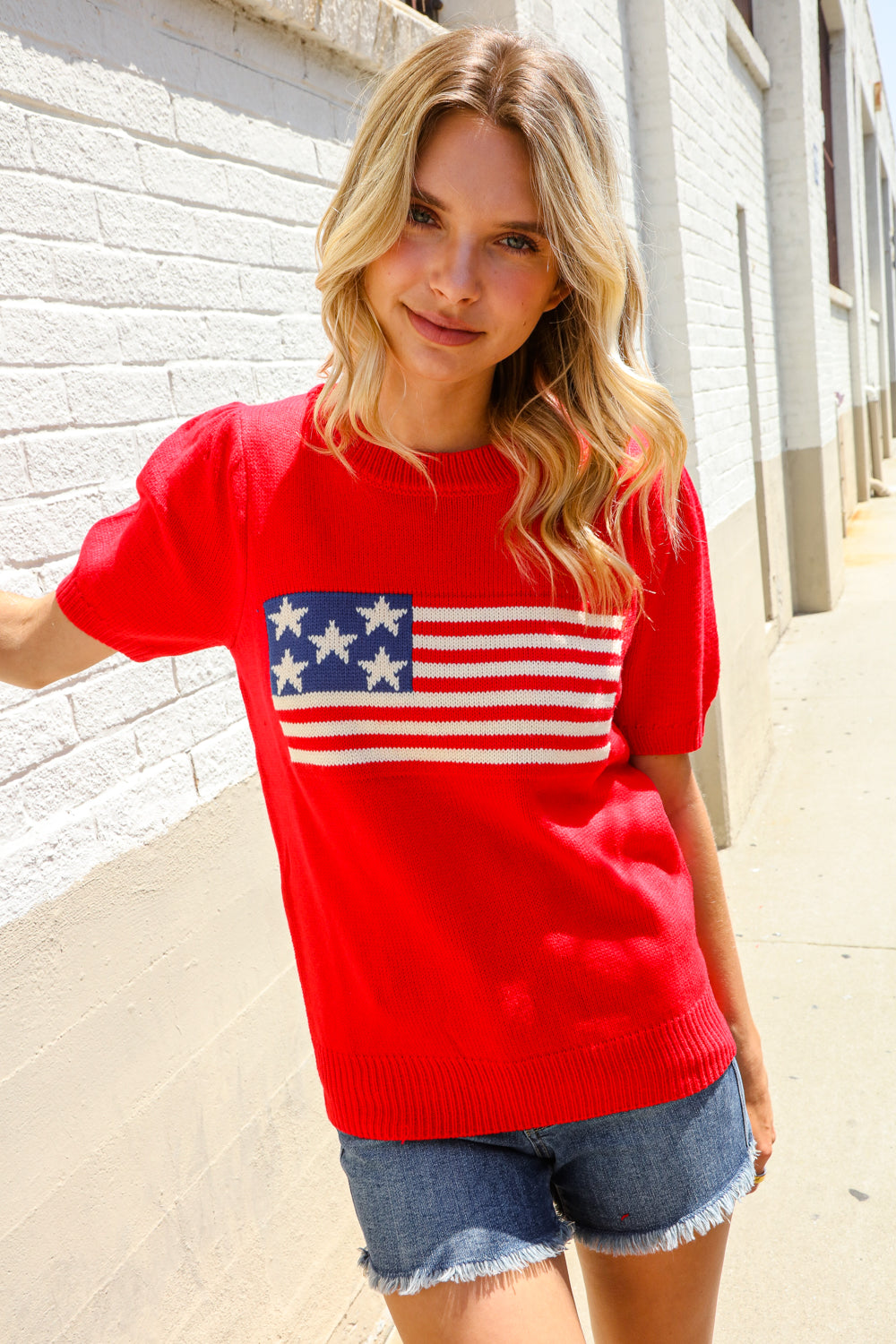 American Flag Short Sleeve Sweater-Sweaters-Evelyns Fashion