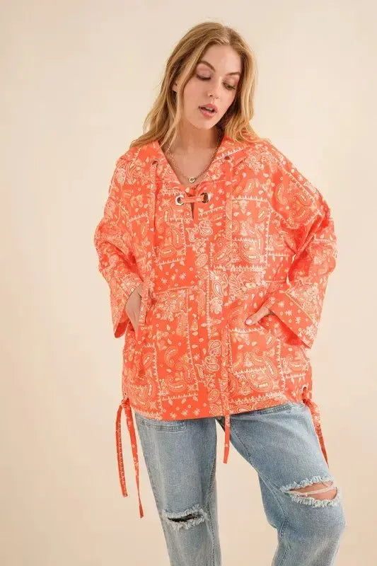 Bandana Pattern Lace Up Detailed Windbreaker-Apparel & Accessories-Evelyns Fashion