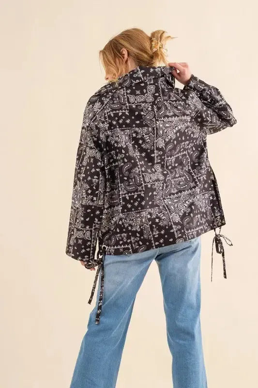 Bandana Print Lace-Up Windbreaker-Apparel & Accessories-Evelyns Fashion