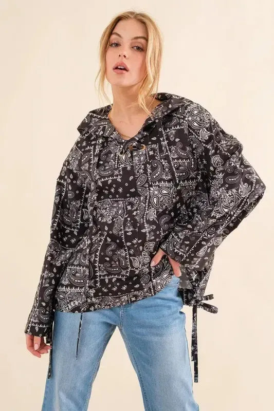 Bandana Print Lace-Up Windbreaker-Apparel & Accessories-Evelyns Fashion