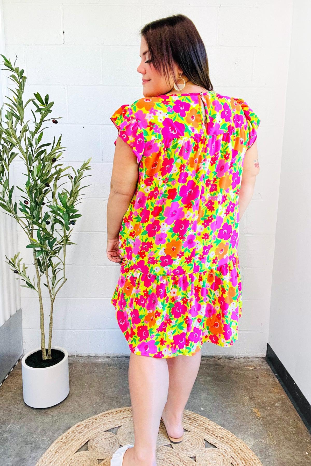 Be Charming Lime & Pink Floral Print Tiered Ruffle Sleeve Dress-2024 Summer Blow Out Sale-Evelyns Fashion