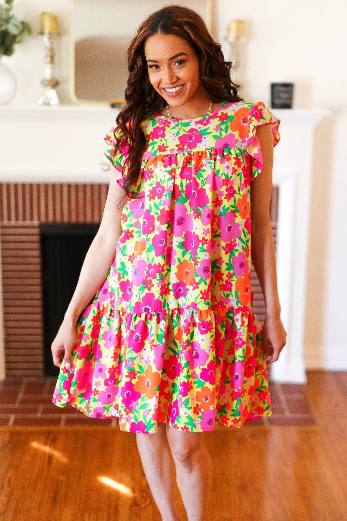Be Charming Lime & Pink Floral Print Tiered Ruffle Sleeve Dress-2024 Summer Blow Out Sale-Evelyns Fashion