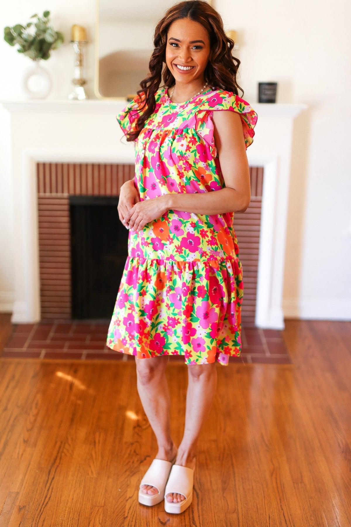 Be Charming Lime & Pink Floral Print Tiered Ruffle Sleeve Dress-2024 Summer Blow Out Sale-Evelyns Fashion