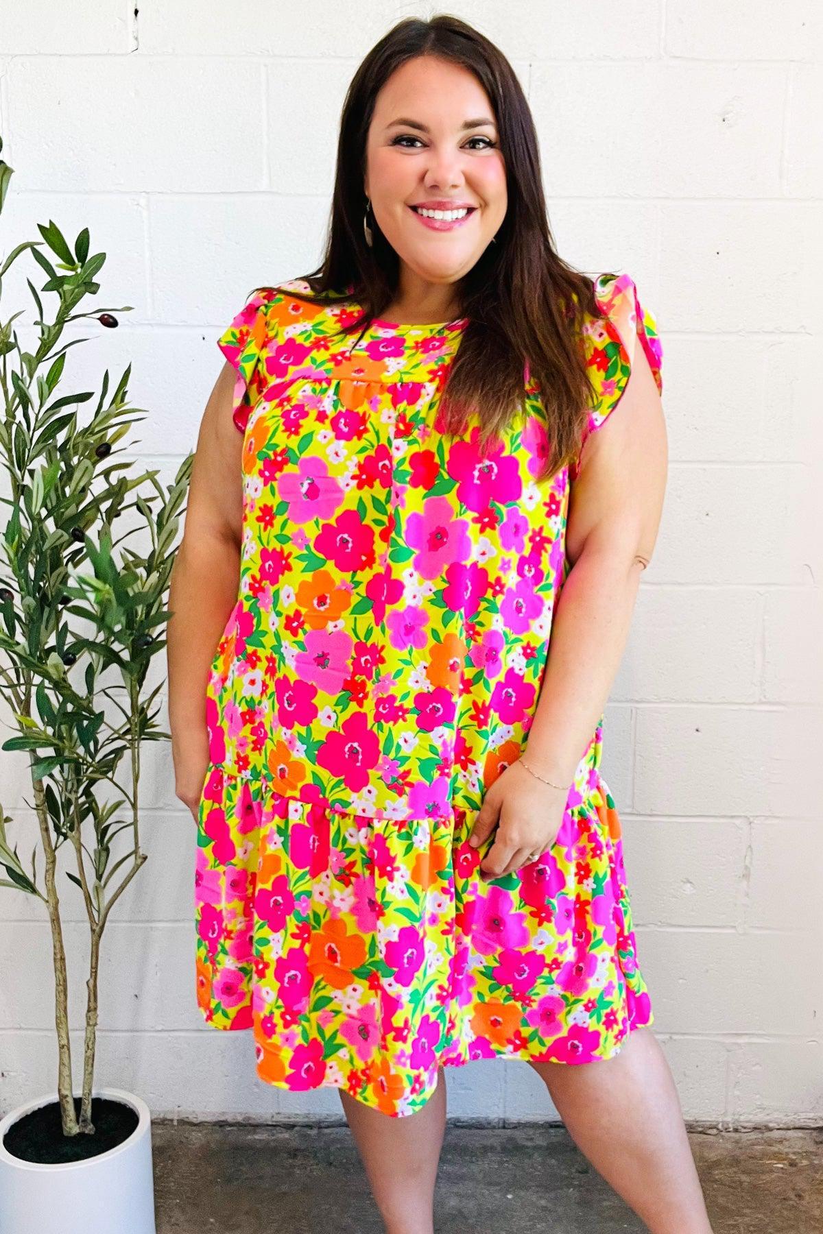 Be Charming Lime & Pink Floral Print Tiered Ruffle Sleeve Dress-2024 Summer Blow Out Sale-Evelyns Fashion