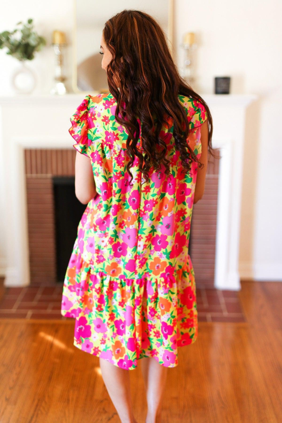 Be Charming Lime & Pink Floral Print Tiered Ruffle Sleeve Dress-2024 Summer Blow Out Sale-Evelyns Fashion