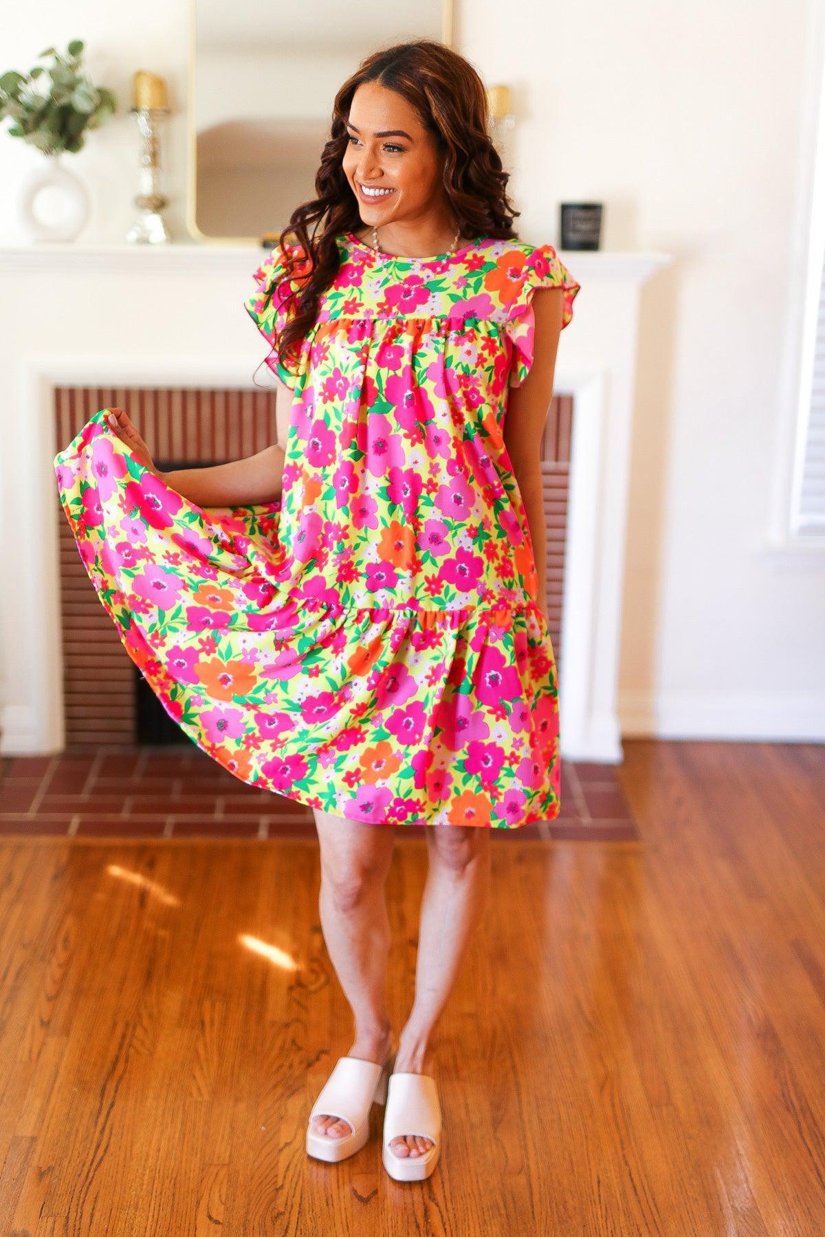 Be Charming Lime & Pink Floral Print Tiered Ruffle Sleeve Dress-2024 Summer Blow Out Sale-Evelyns Fashion