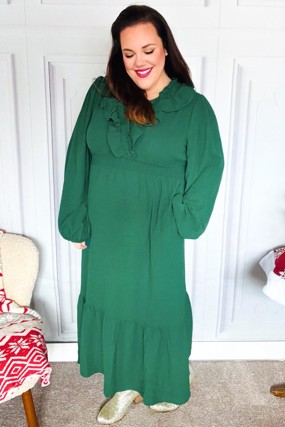 Beautiful You Holiday Green Overlap Ruffle V Neck Midi Dress-2024 Blow-Out Sale-Evelyns Fashion