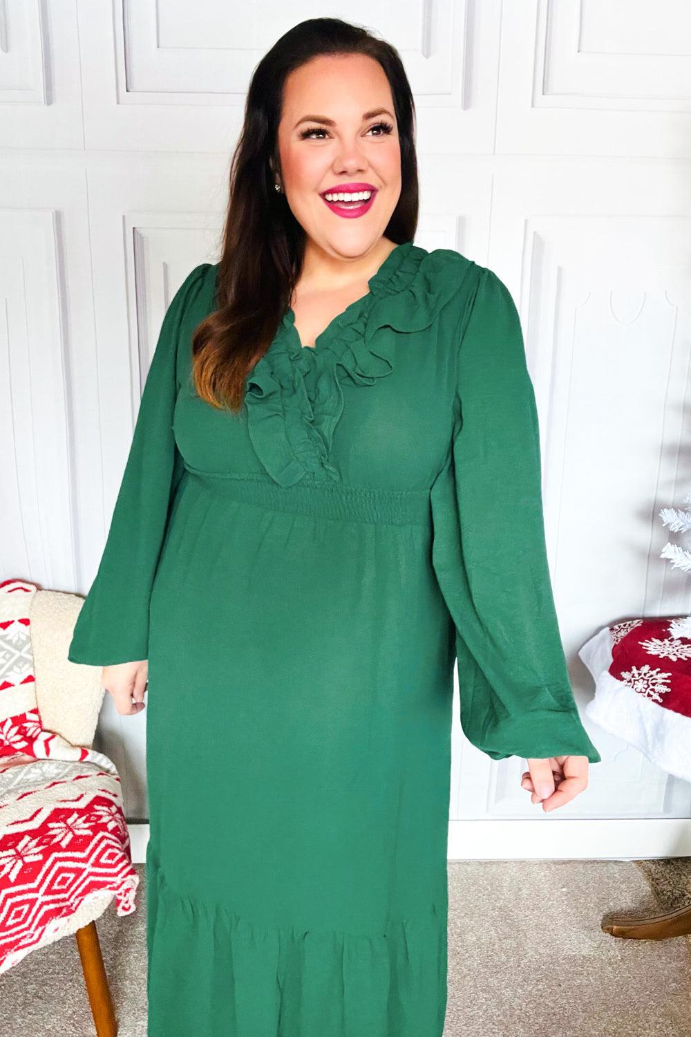 Beautiful You Holiday Green Overlap Ruffle V Neck Midi Dress-2024 Blow-Out Sale-Evelyns Fashion