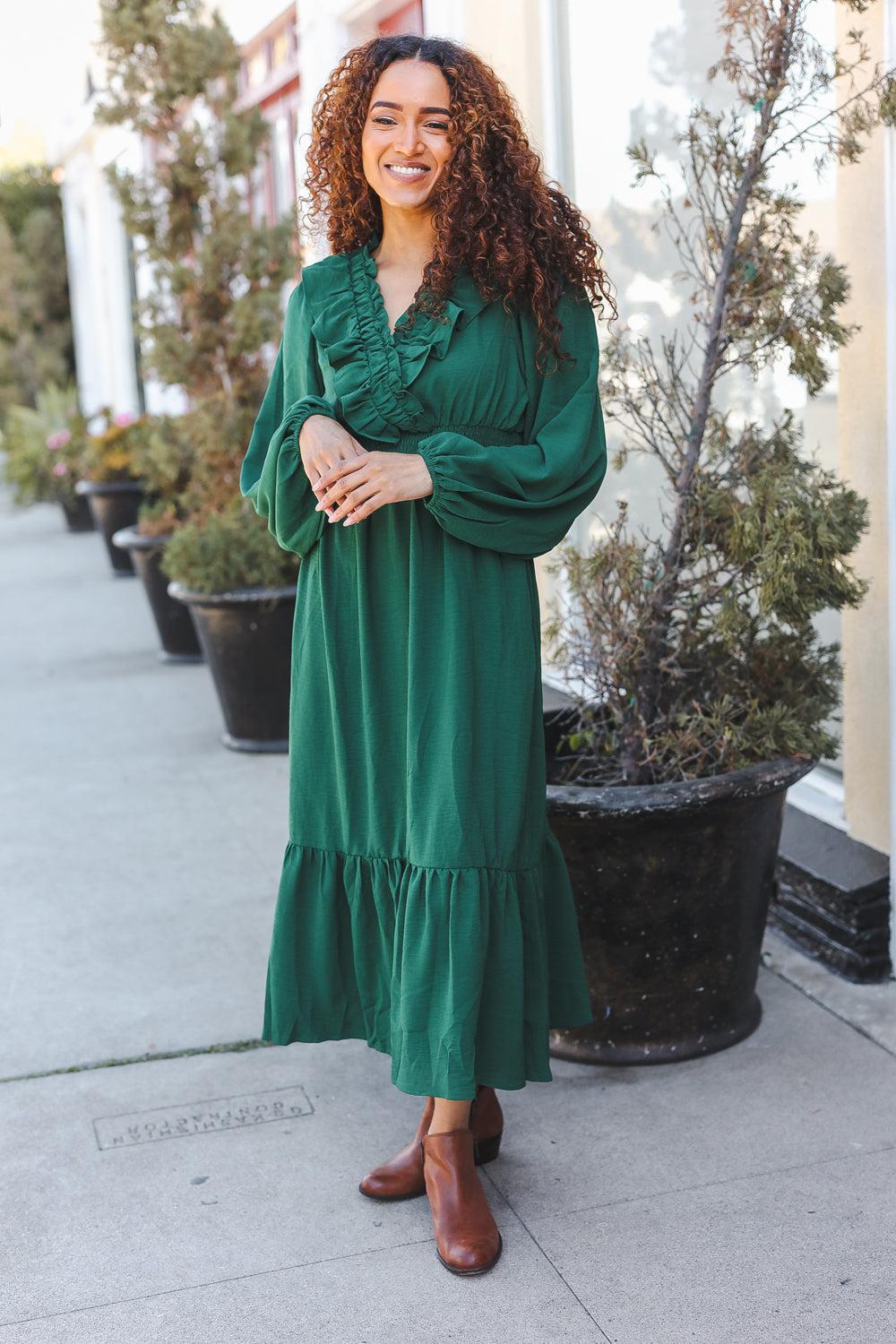Beautiful You Holiday Green Overlap Ruffle V Neck Midi Dress-2024 Blow-Out Sale-Evelyns Fashion