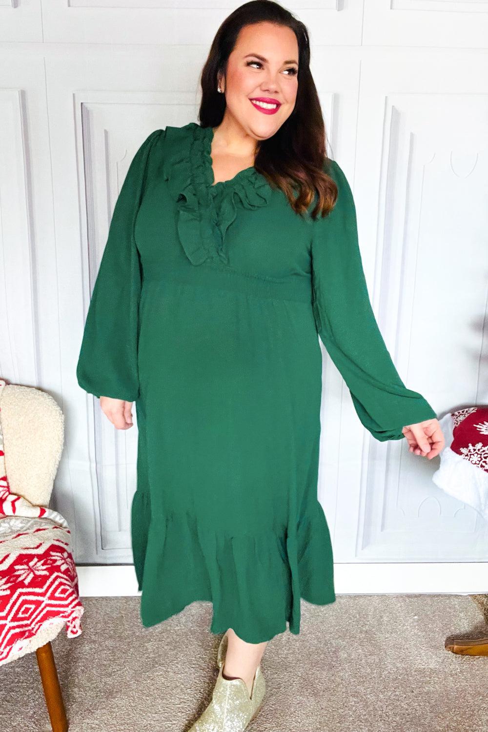 Beautiful You Holiday Green Overlap Ruffle V Neck Midi Dress-2024 Blow-Out Sale-Evelyns Fashion
