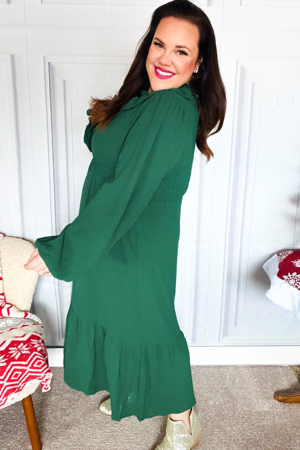 Beautiful You Holiday Green Overlap Ruffle V Neck Midi Dress-2024 Blow-Out Sale-Evelyns Fashion