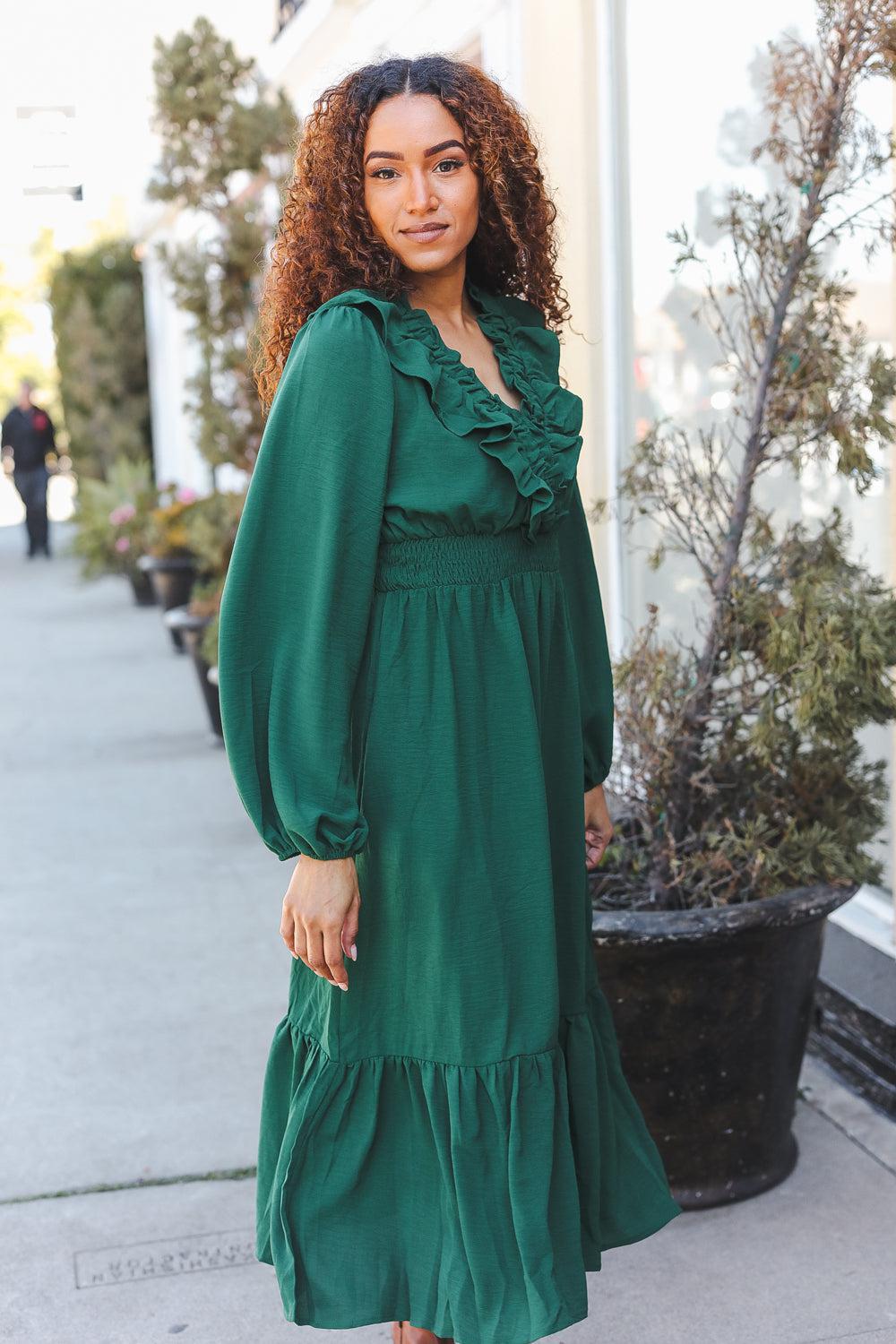 Beautiful You Holiday Green Overlap Ruffle V Neck Midi Dress-2024 Blow-Out Sale-Evelyns Fashion