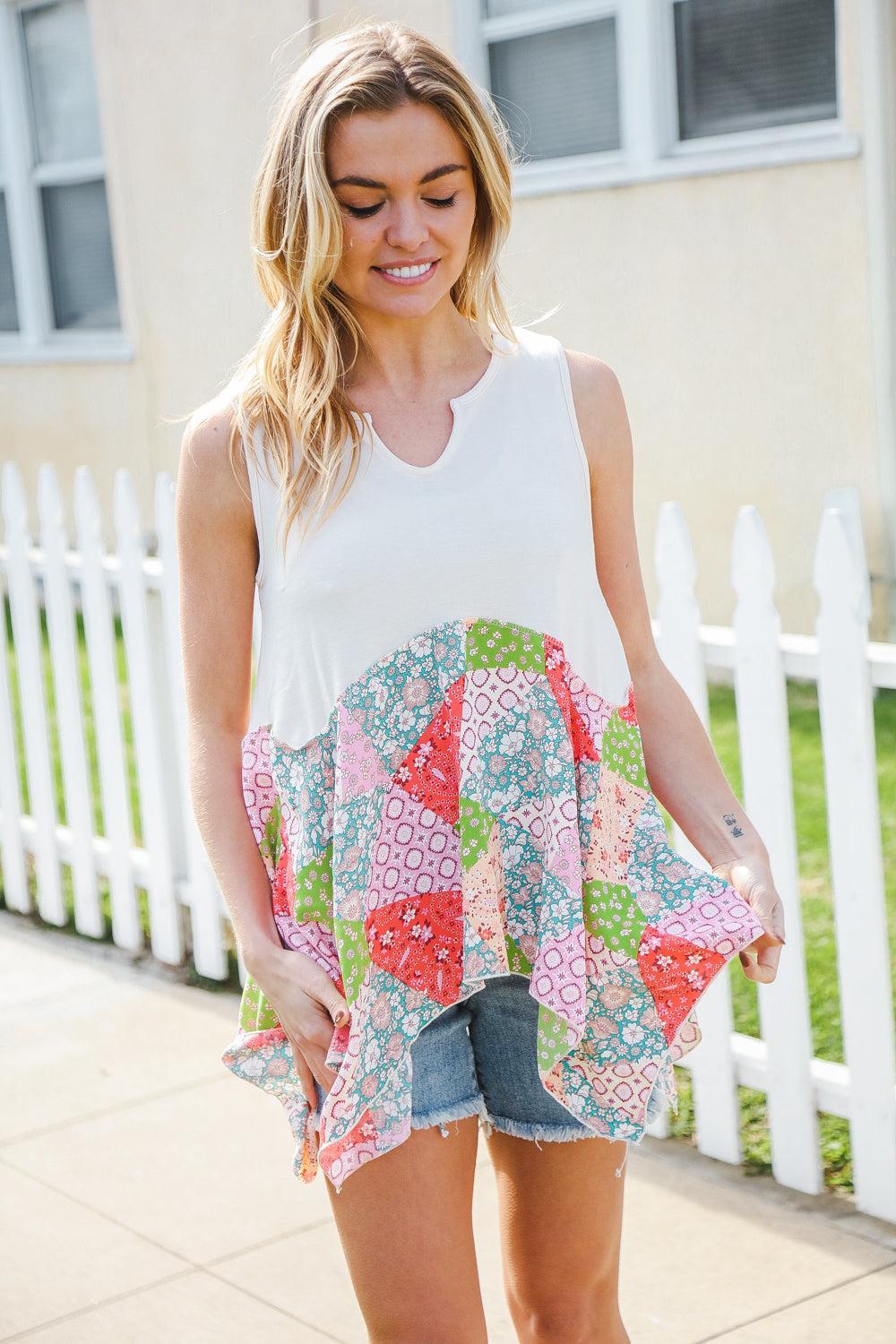 Beige Patchwork Sharkbite Top-Blouses-Evelyns Fashion