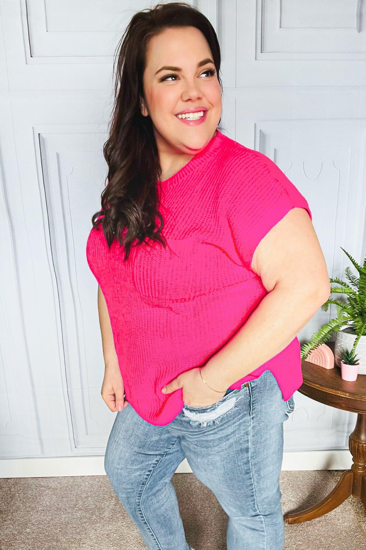 Best In Bold Hot Pink Dolman Ribbed Knit Sweater Top-2024 Summer Blow Out Sale-Evelyns Fashion