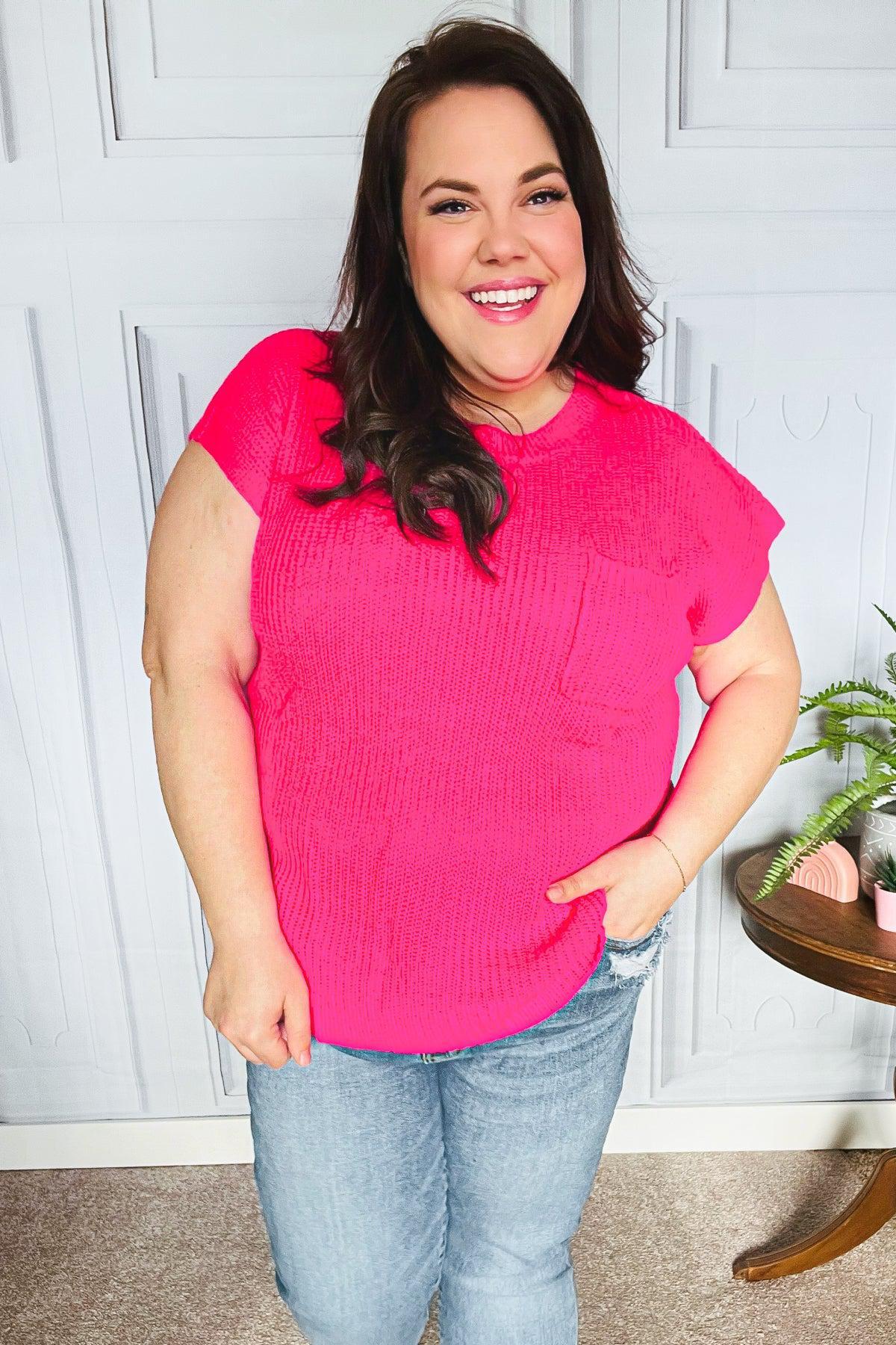 Best In Bold Hot Pink Dolman Ribbed Knit Sweater Top-2024 Summer Blow Out Sale-Evelyns Fashion