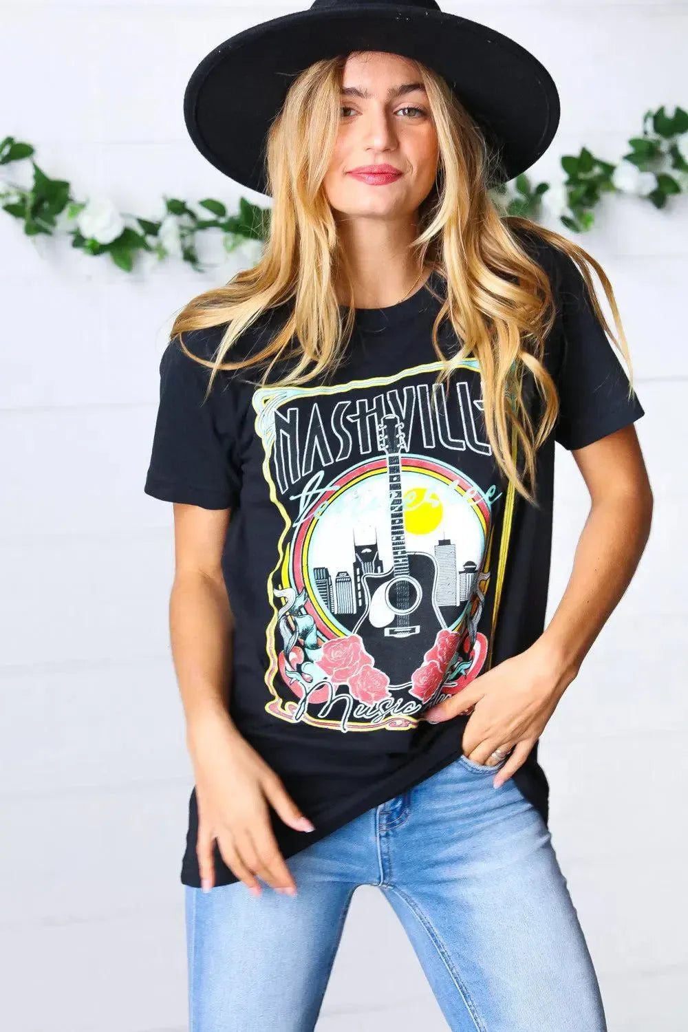 Black Cotton Nashville Graphic Knit Tee-Evelyns Fashion