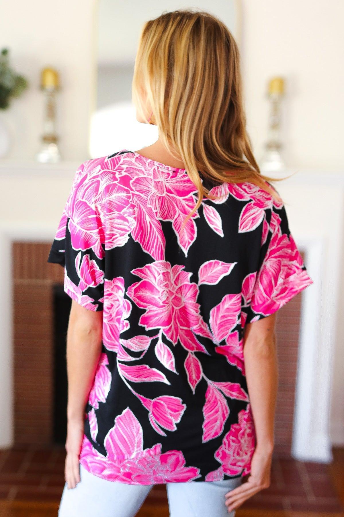 Black & Hot Pink Floral V Neck Top-Short Sleeve Blouse-Evelyns Fashion