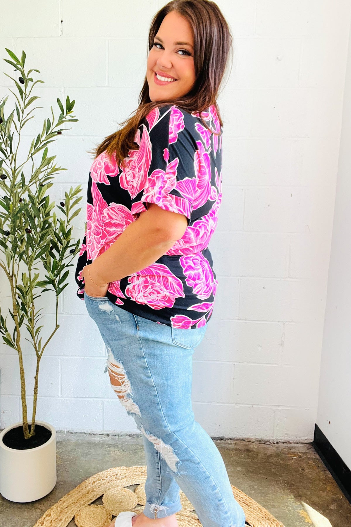 Black & Hot Pink Floral V Neck Top-Short Sleeve Blouse-Evelyns Fashion