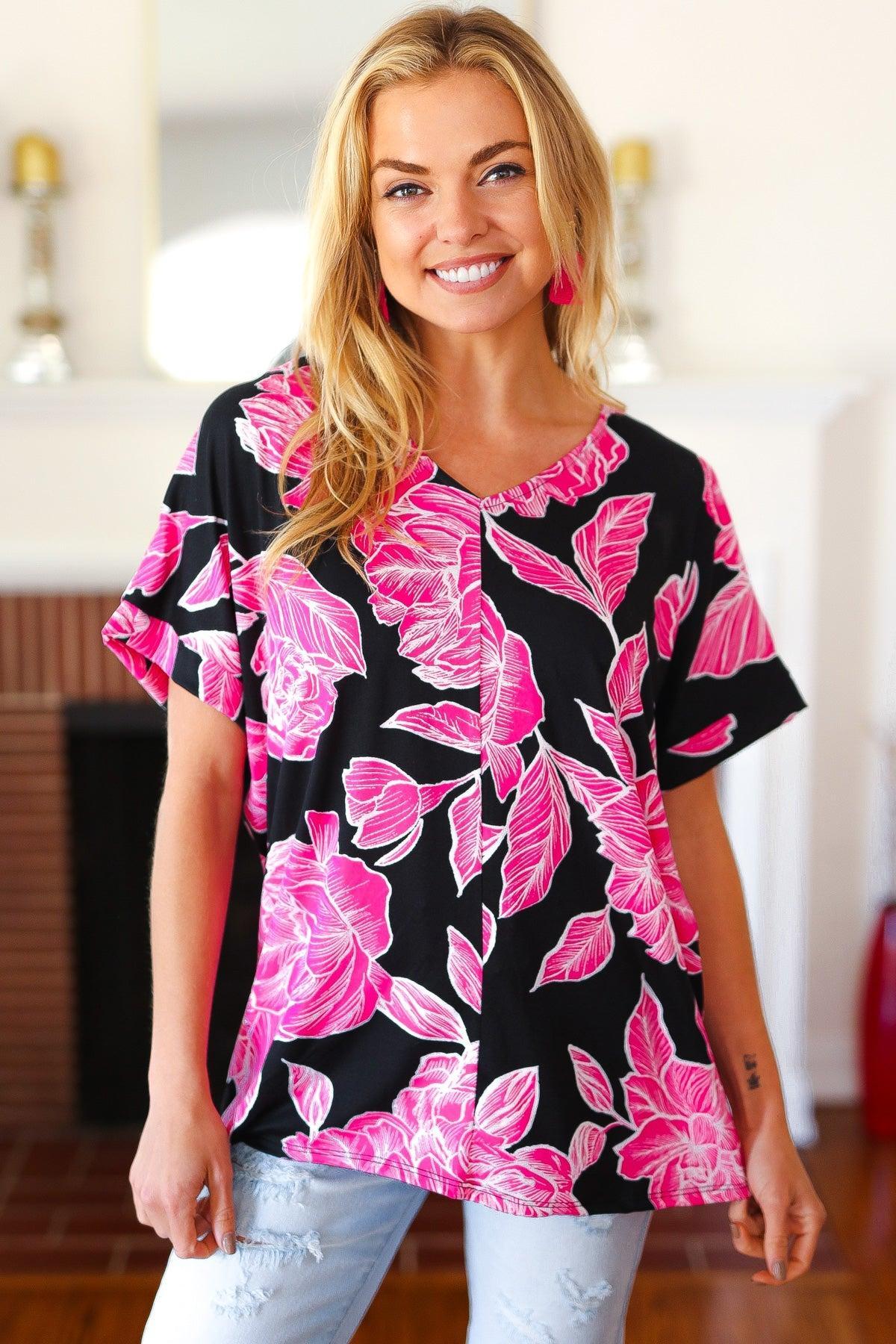Black & Hot Pink Floral V Neck Top-Short Sleeve Blouse-Evelyns Fashion