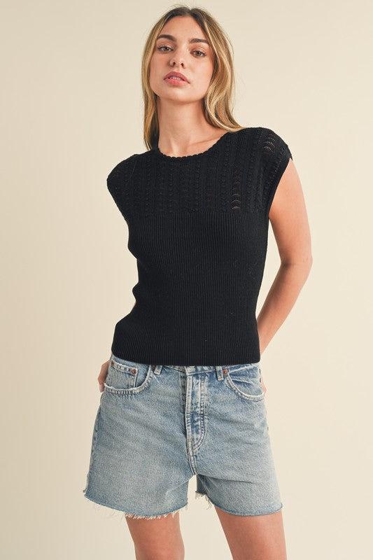 Black Knit Sleeveless Blouse-Short Sleeve Blouse-Evelyns Fashion