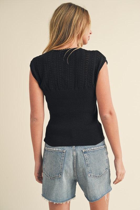 Black Knit Sleeveless Blouse-Short Sleeve Blouse-Evelyns Fashion