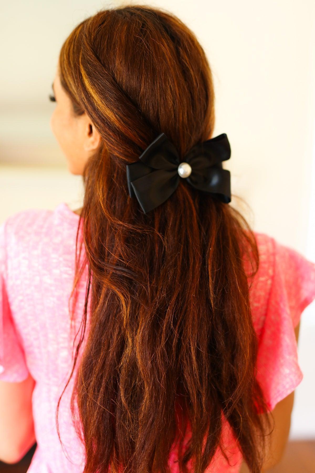 Black Satin Pearl Detail Coquette Bow-2024 Blow-Out Sale-Evelyns Fashion