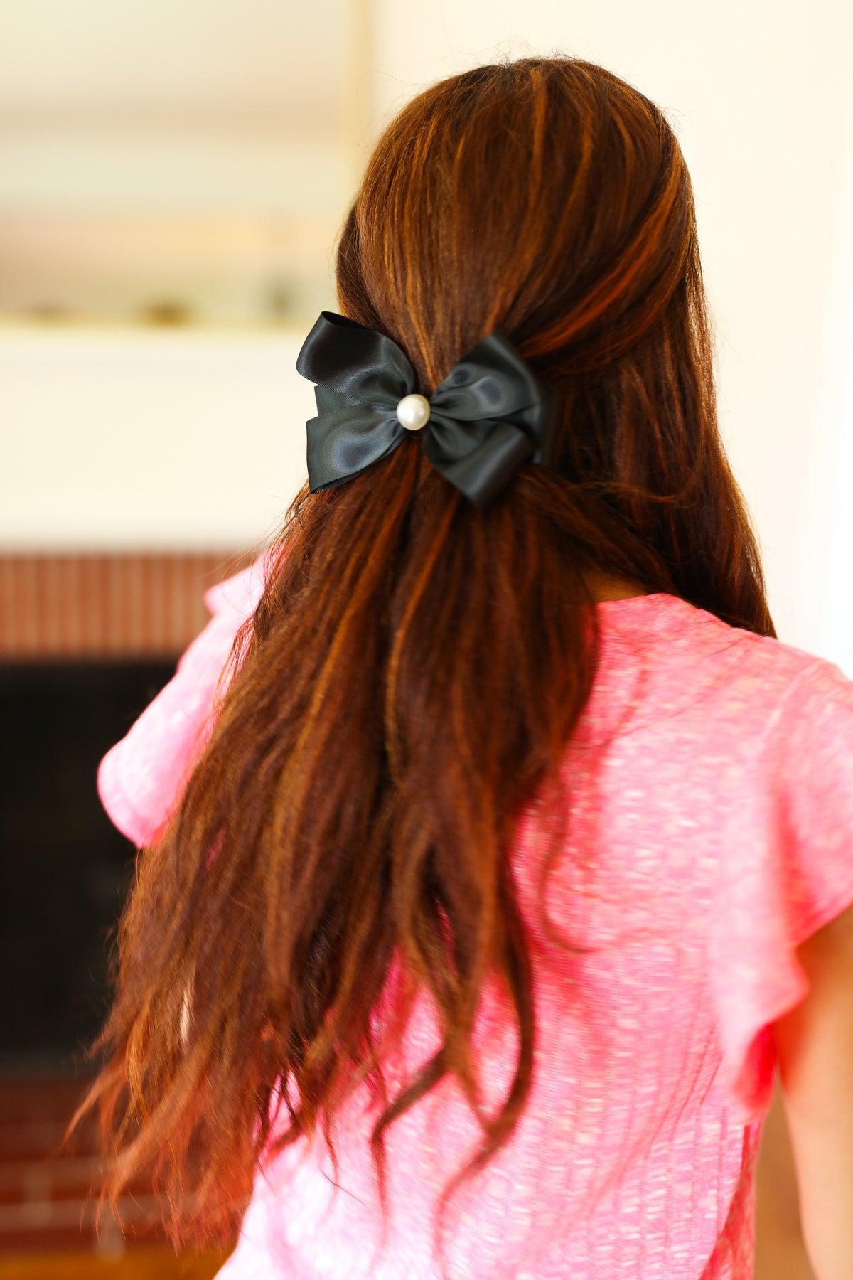 Black Satin Pearl Detail Coquette Bow-2024 Blow-Out Sale-Evelyns Fashion