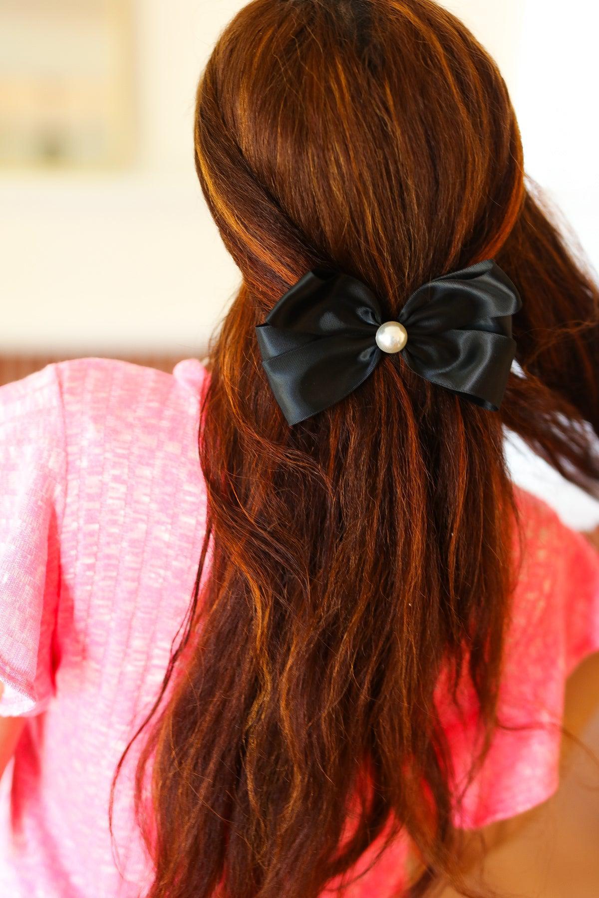 Black Satin Pearl Detail Coquette Bow-2024 Blow-Out Sale-Evelyns Fashion