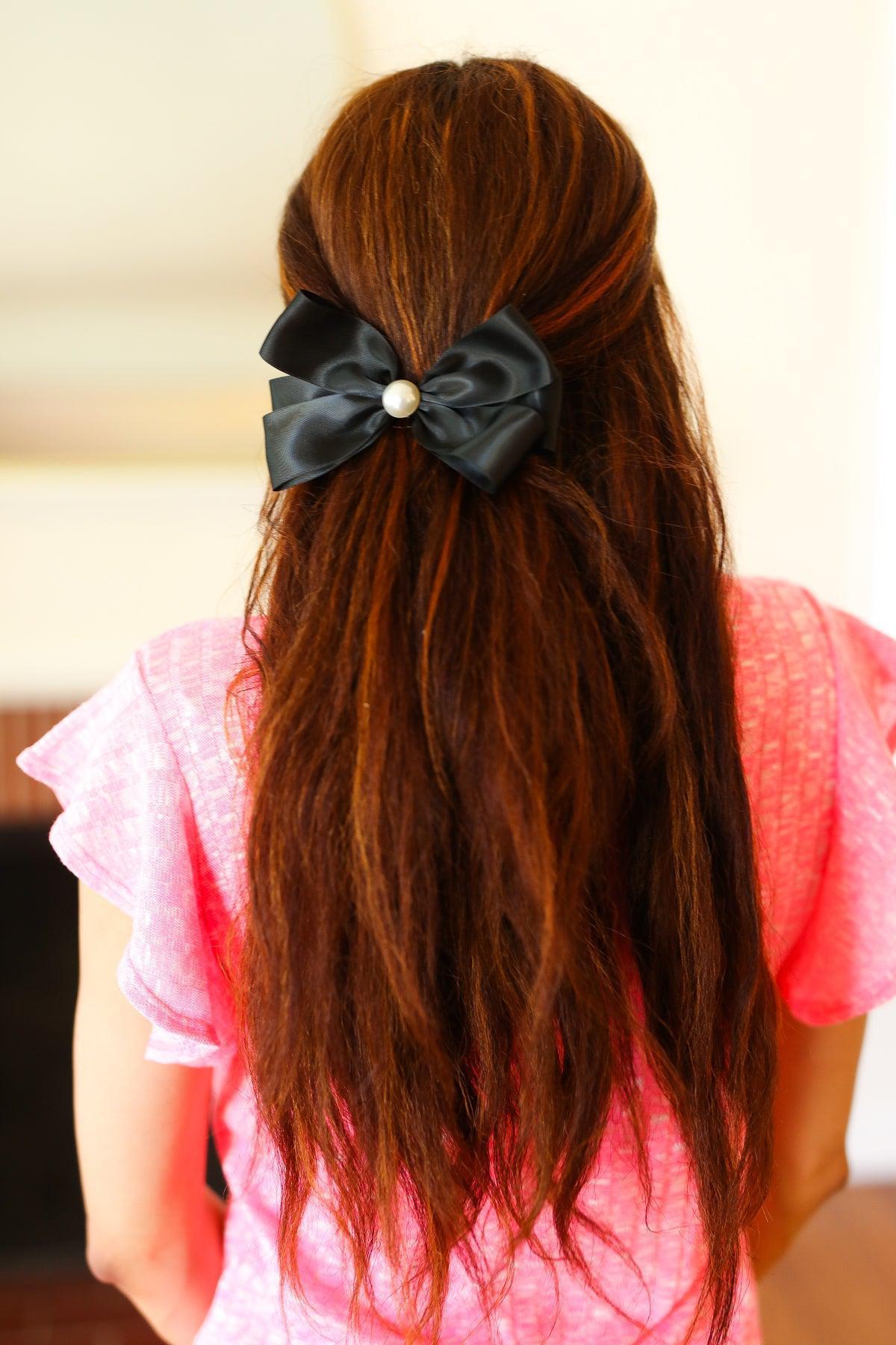 Black Satin Pearl Detail Coquette Bow-2024 Blow-Out Sale-Evelyns Fashion