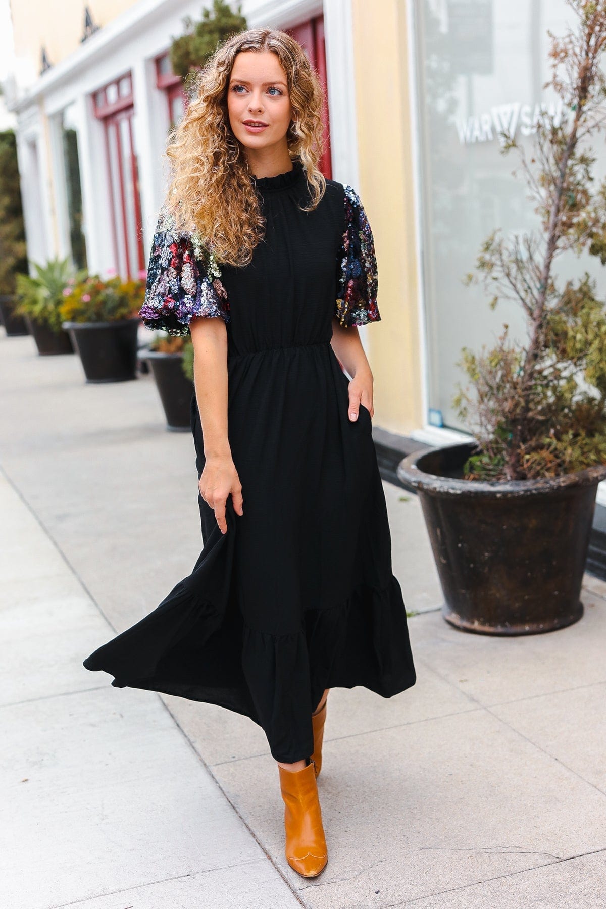 Black Sequin Floral Maxi Dress-Dresses-Evelyns Fashion