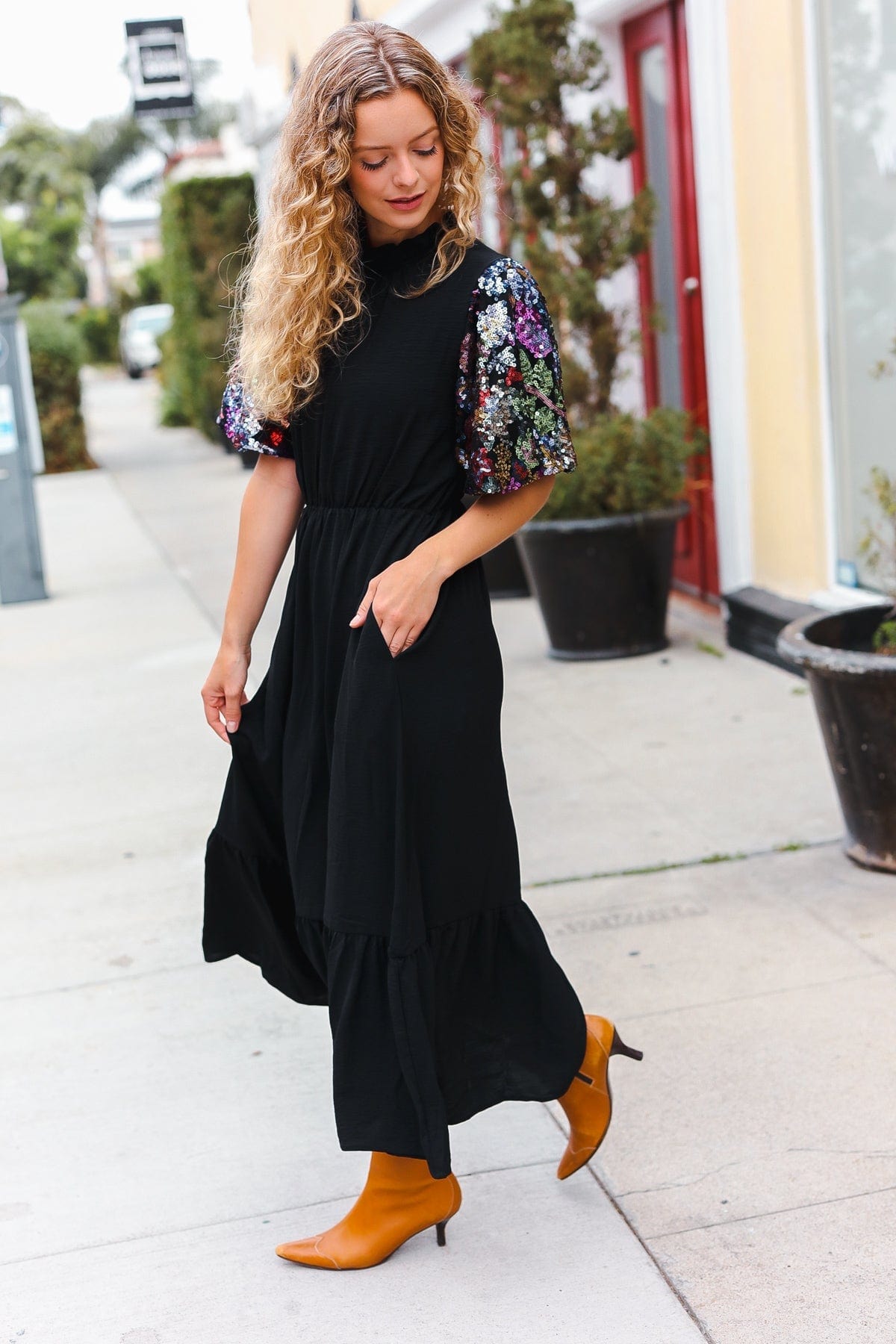 Black Sequin Floral Maxi Dress-Dresses-Evelyns Fashion