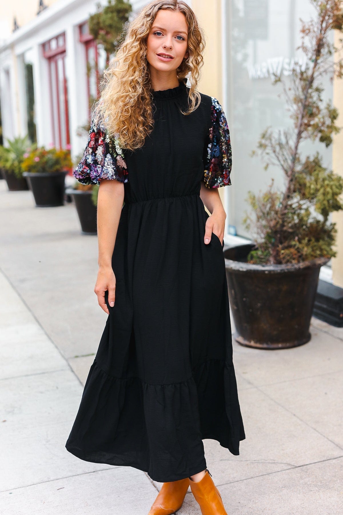 Black Sequin Floral Maxi Dress-Dresses-Evelyns Fashion