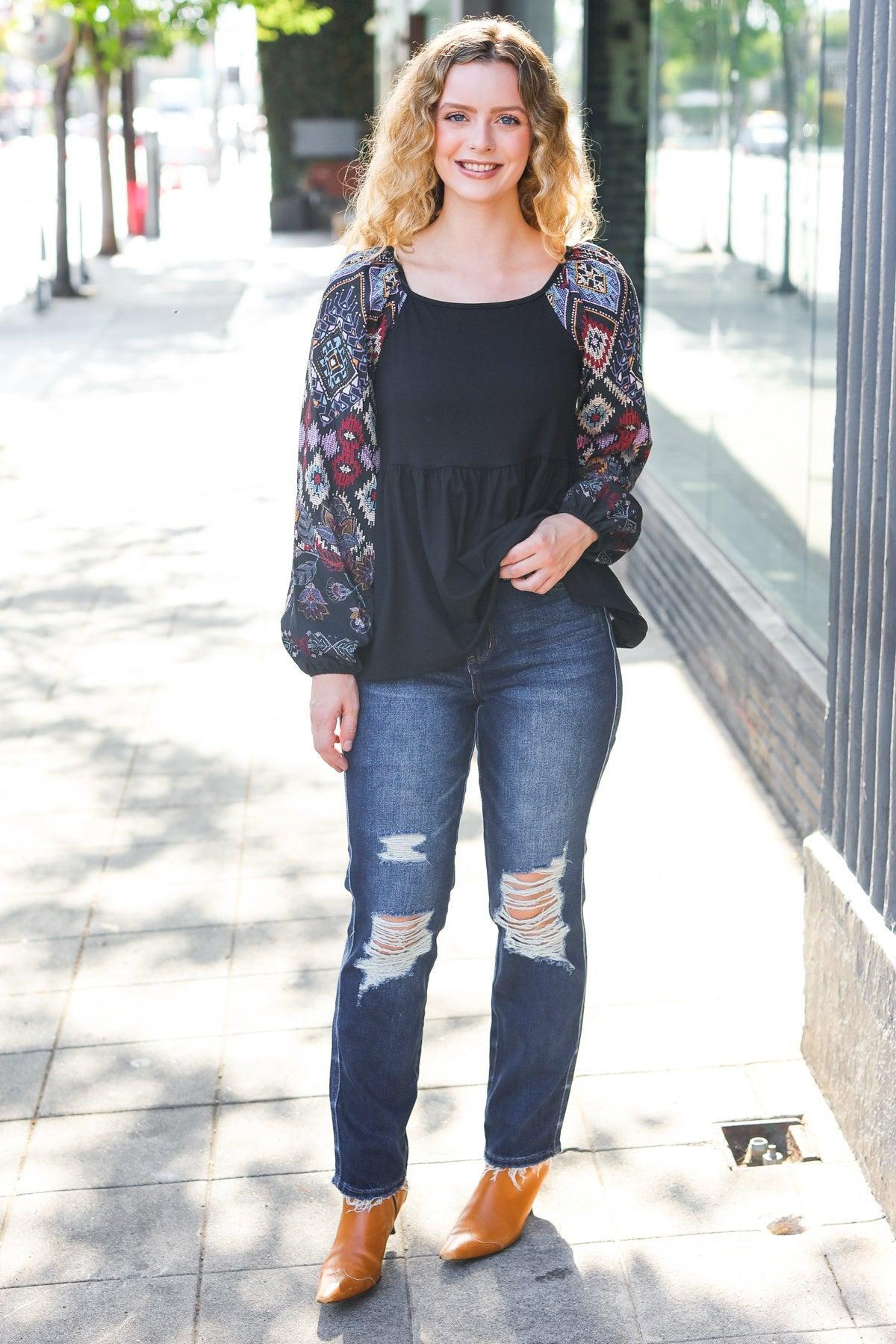 Black Square Neck Top-long sleeve-Evelyns Fashion