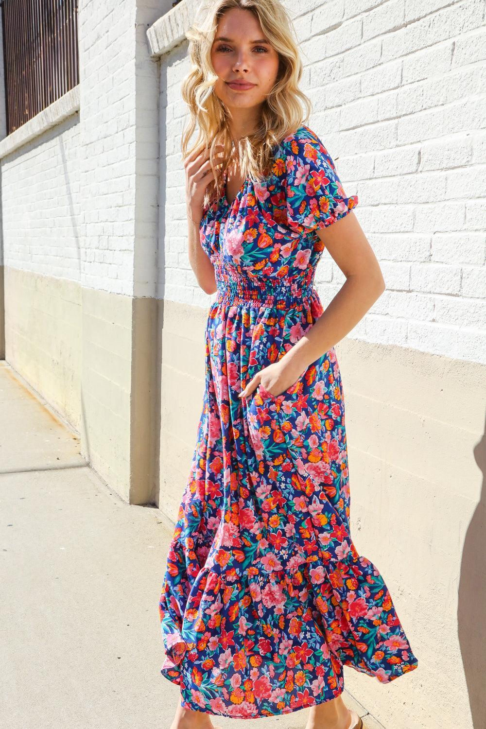 Blue Floral Maxi Dress-Dresses-Evelyns Fashion