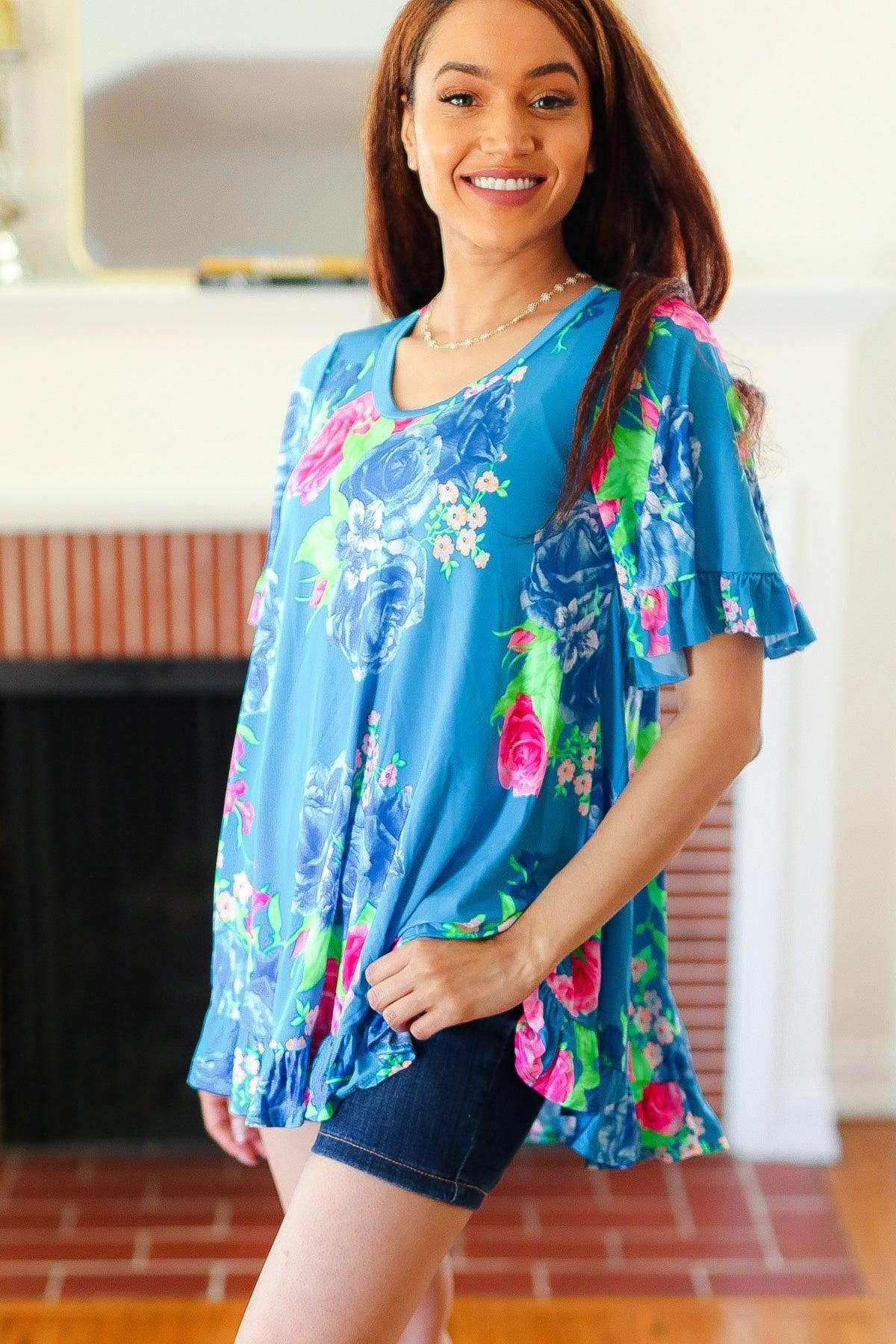 Blue Floral Tunic Top-Short Sleeve Blouse-Evelyns Fashion