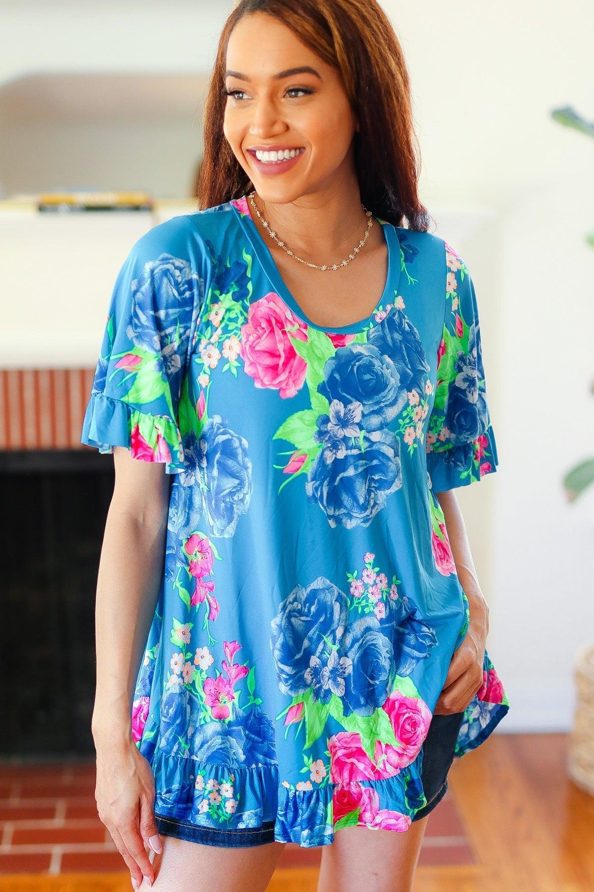Blue Floral Tunic Top-Short Sleeve Blouse-Evelyns Fashion