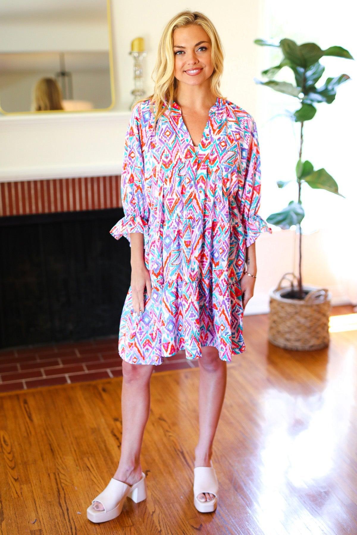Blue & Lavender Ikat Dress-2024 Summer Blow Out Sale-Evelyns Fashion