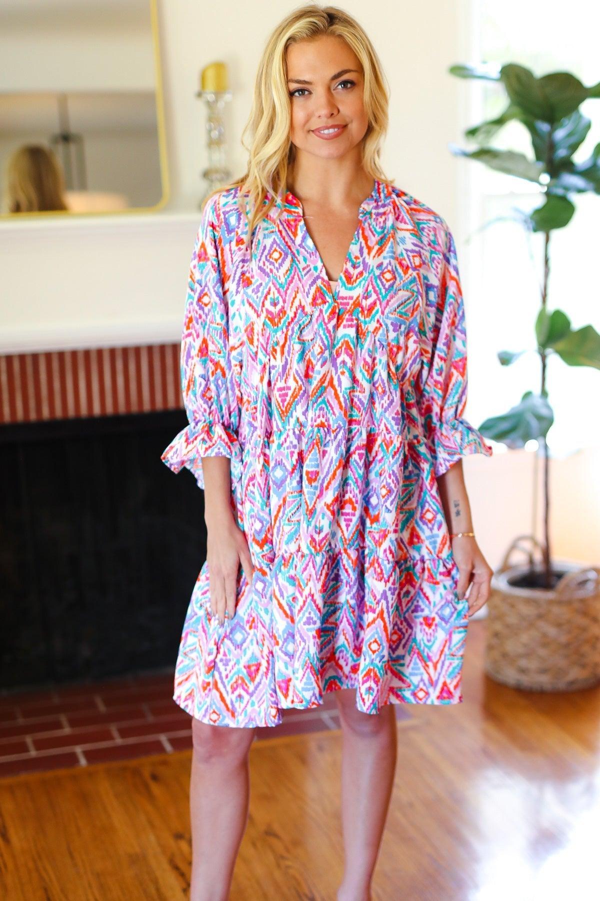 Blue & Lavender Ikat Dress-2024 Summer Blow Out Sale-Evelyns Fashion