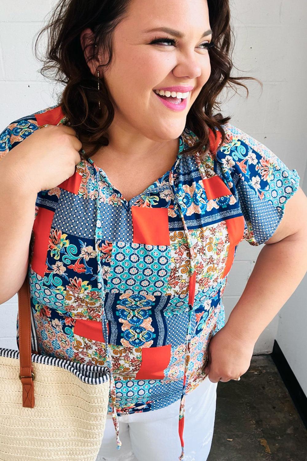 Blue & Orange Boho Patchwork Raglan Top-blouse-Evelyns Fashion