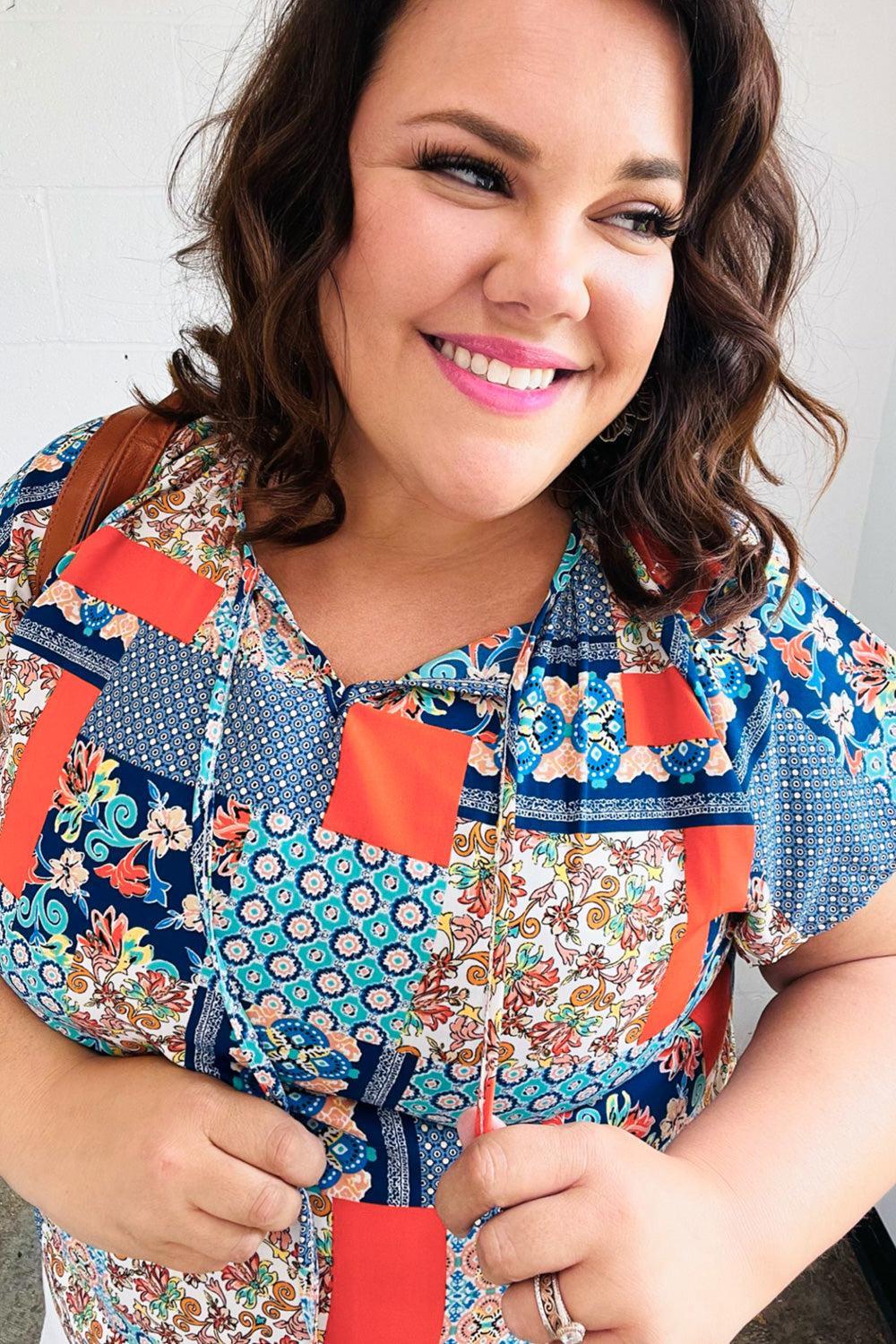 Blue & Orange Boho Patchwork Raglan Top-blouse-Evelyns Fashion