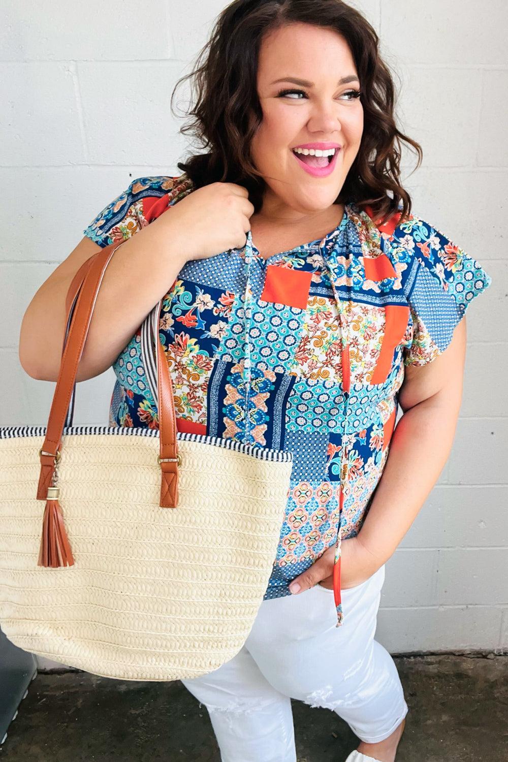 Blue & Orange Boho Patchwork Raglan Top-blouse-Evelyns Fashion