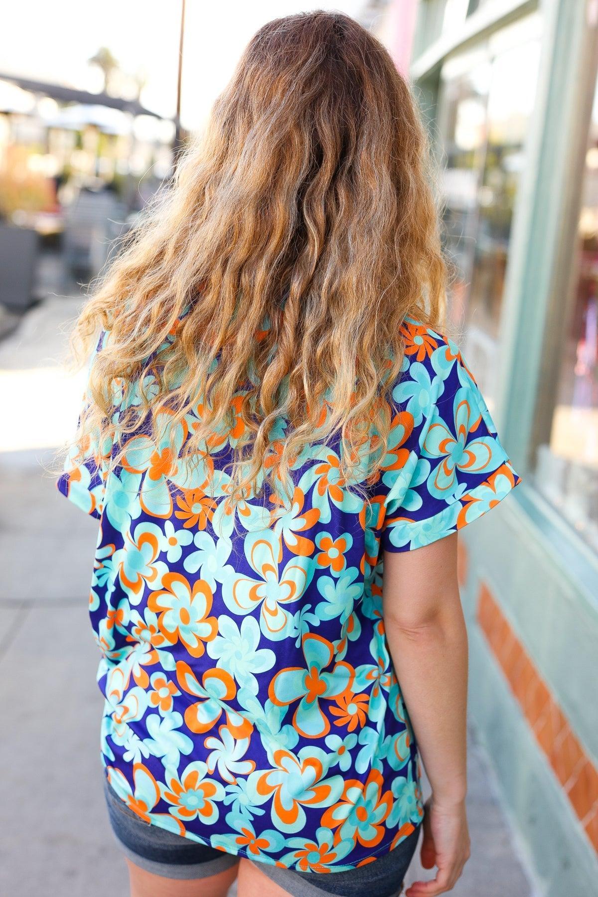 Blue & Orange Flat Floral V Neck Top-Short Sleeve Blouse-Evelyns Fashion