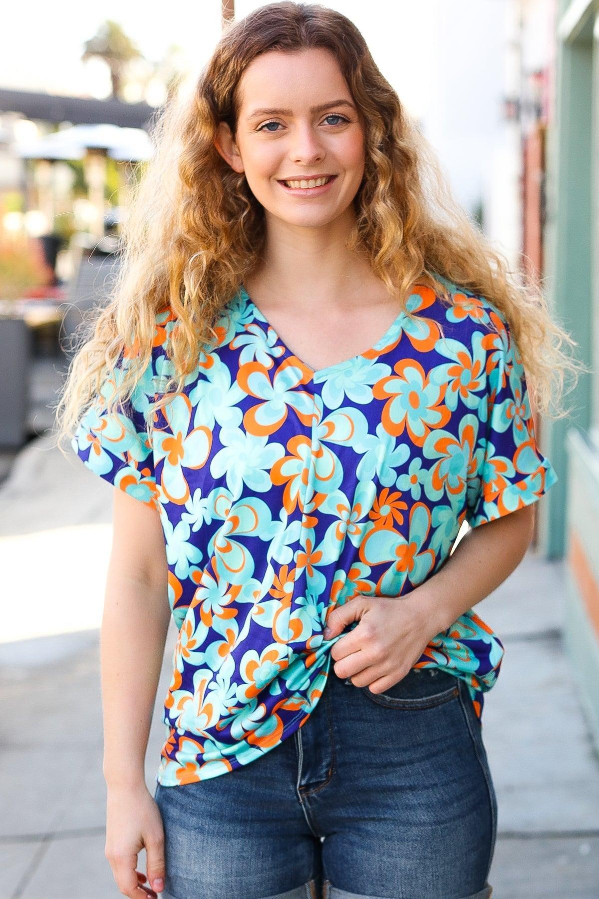 Blue & Orange Flat Floral V Neck Top-Short Sleeve Blouse-Evelyns Fashion
