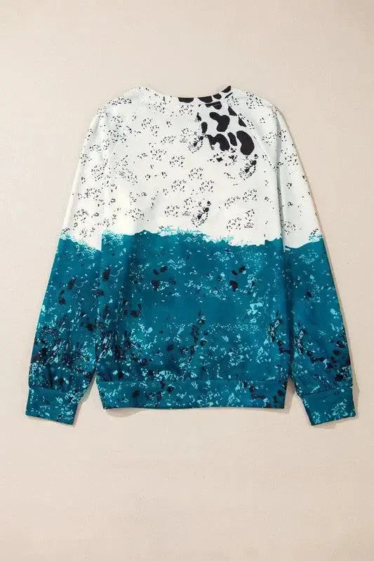 Bold Comfort: Blue Tie Dye Cow Color Block Pullover Sweatshirt-Sweat Shirts and Hoodies-Evelyns Fashion