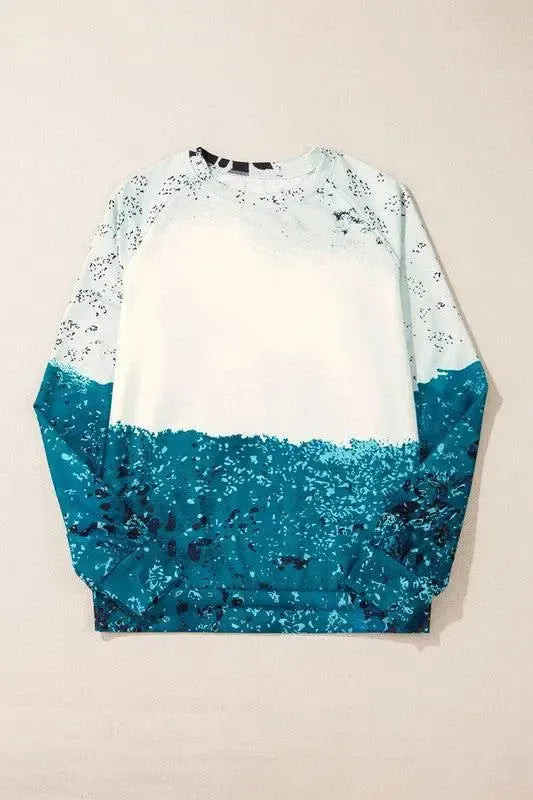 Bold Comfort: Blue Tie Dye Cow Color Block Pullover Sweatshirt-Sweat Shirts and Hoodies-Evelyns Fashion