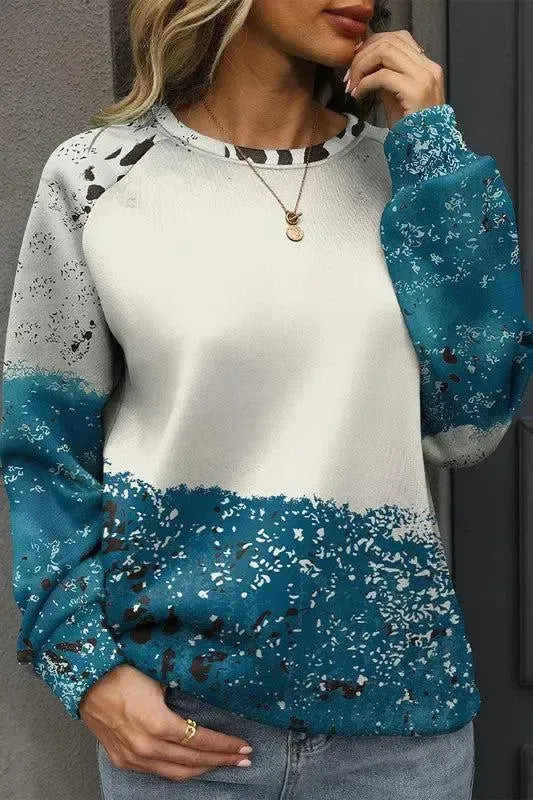 Bold Comfort: Blue Tie Dye Cow Color Block Pullover Sweatshirt-Sweat Shirts and Hoodies-Evelyns Fashion