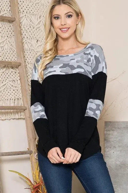 Bold & Cozy: Camouflage Contrast Sweater Knit-long sleeve-Evelyns Fashion